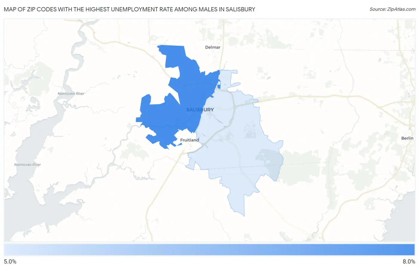 Zip Codes with the Highest Unemployment Rate Among Males in Salisbury Map