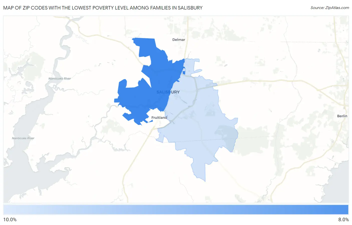 Zip Codes with the Lowest Poverty Level Among Families in Salisbury Map