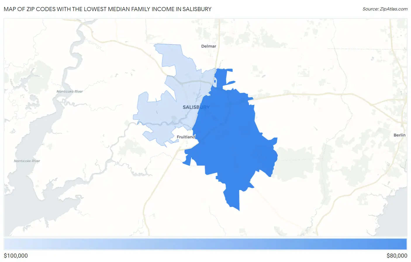 Zip Codes with the Lowest Median Family Income in Salisbury Map
