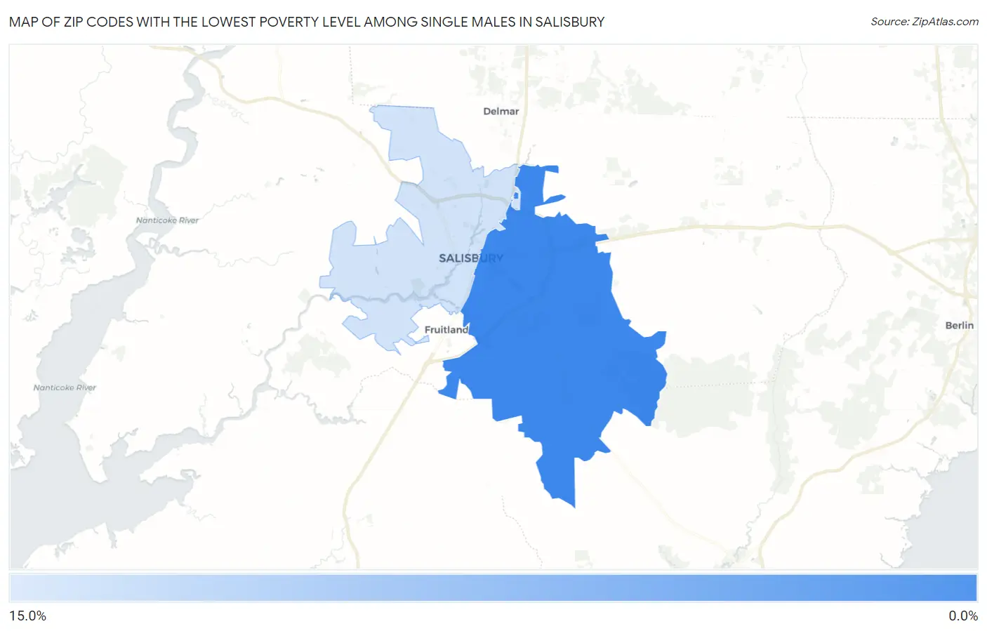 Zip Codes with the Lowest Poverty Level Among Single Males in Salisbury Map
