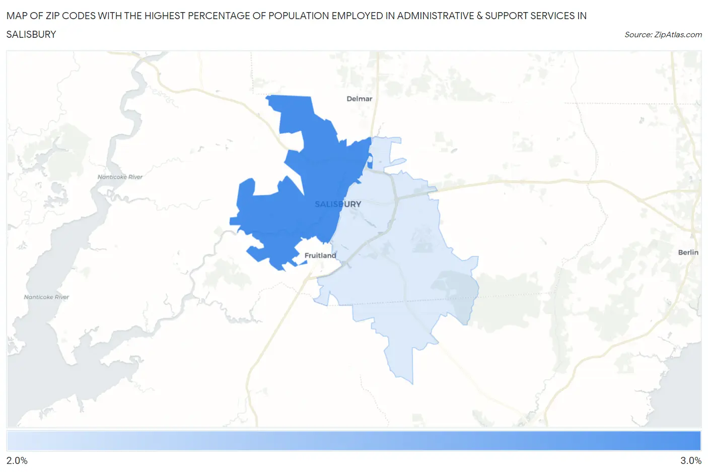 Zip Codes with the Highest Percentage of Population Employed in Administrative & Support Services in Salisbury Map