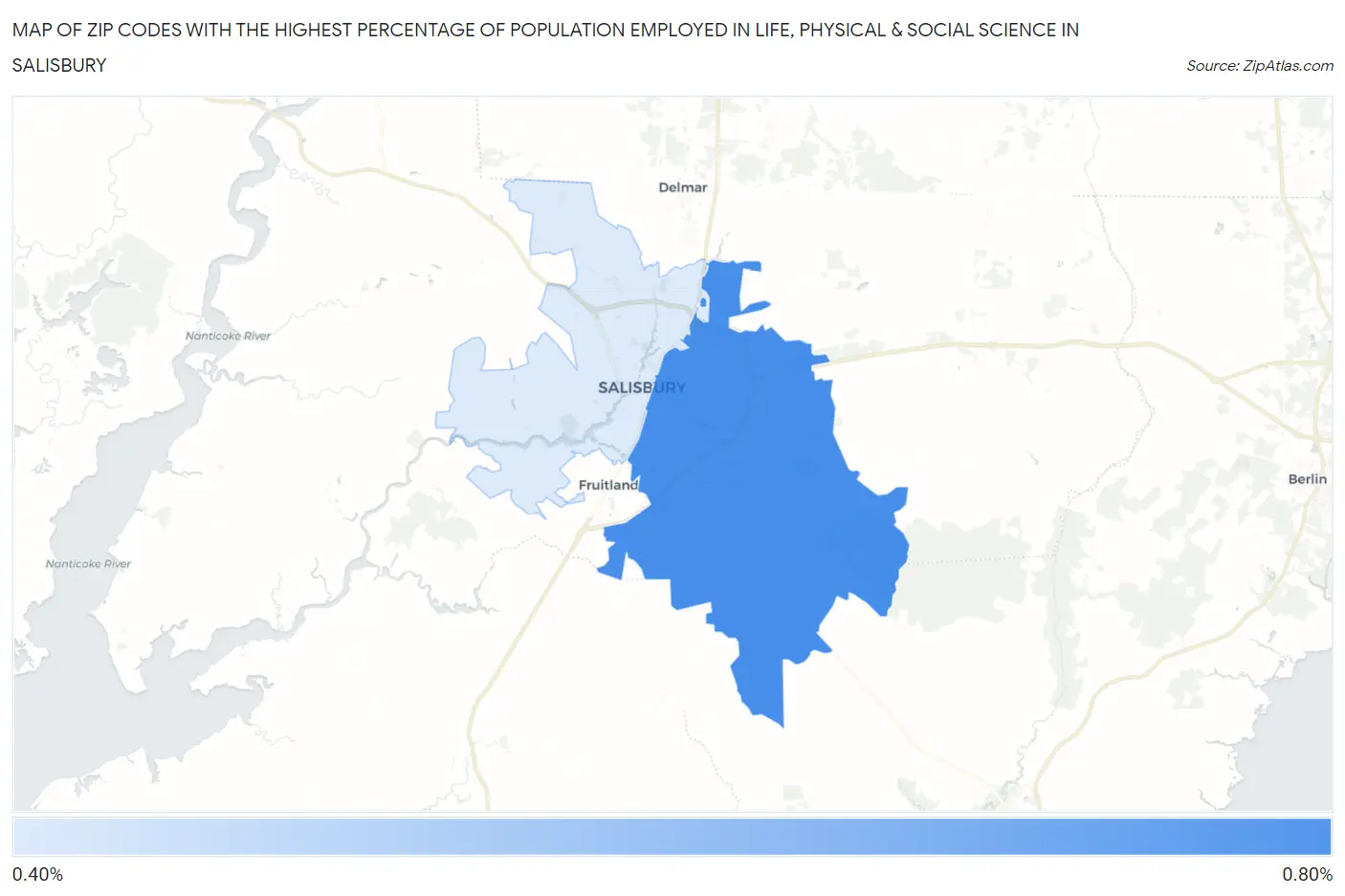 Zip Codes with the Highest Percentage of Population Employed in Life, Physical & Social Science in Salisbury Map