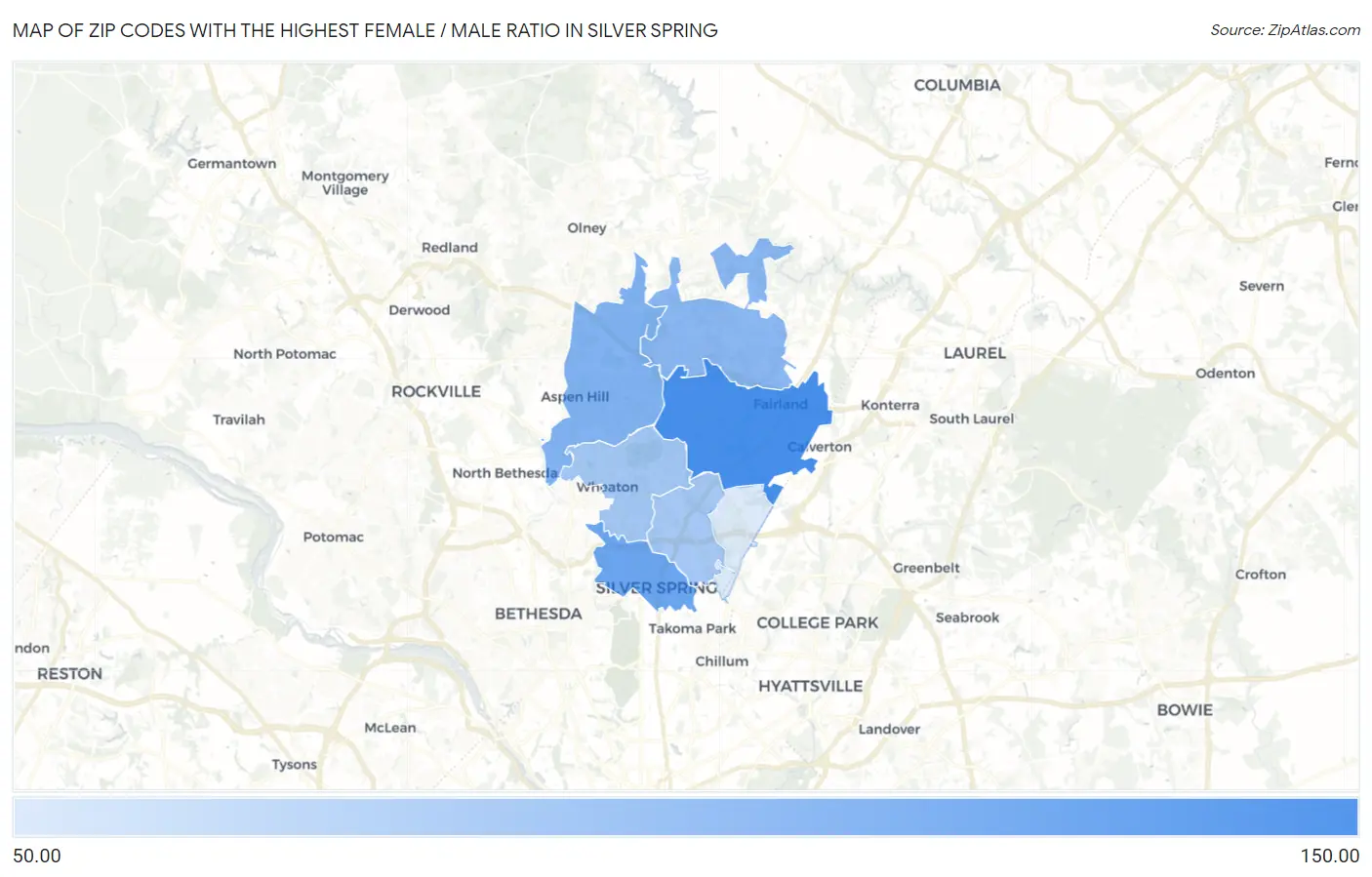 Zip Codes with the Highest Female / Male Ratio in Silver Spring Map