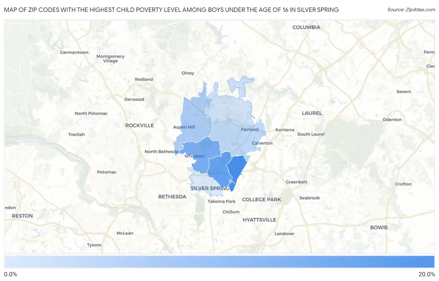 Zip Codes with the Highest Child Poverty Level Among Boys Under the Age of 16 in Silver Spring Map