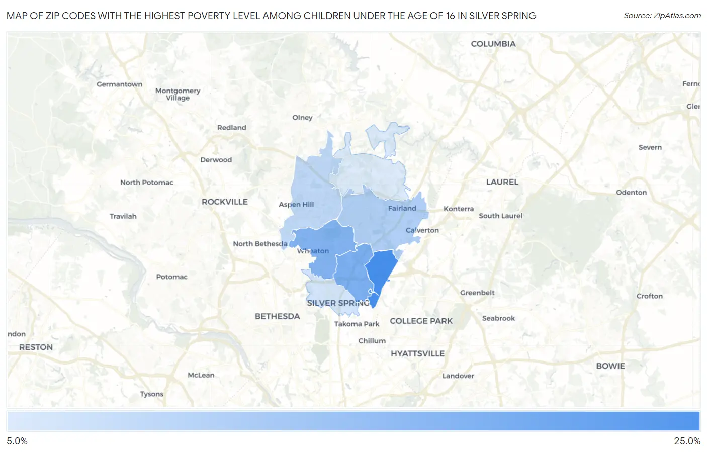Zip Codes with the Highest Poverty Level Among Children Under the Age of 16 in Silver Spring Map