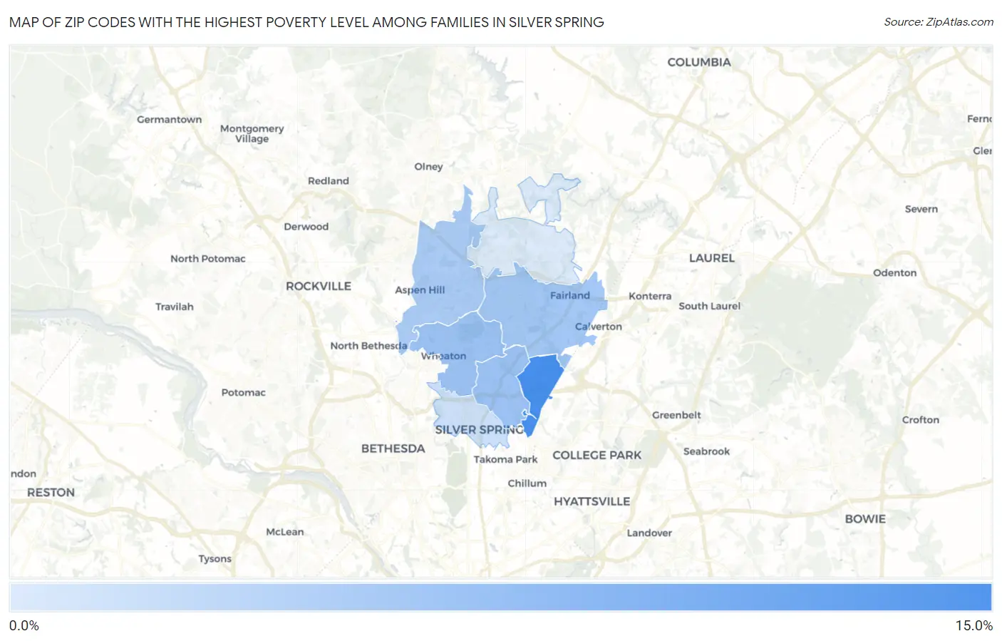 Zip Codes with the Highest Poverty Level Among Families in Silver Spring Map
