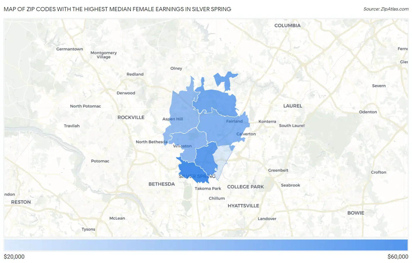 Zip Codes with the Highest Median Female Earnings in Silver Spring Map