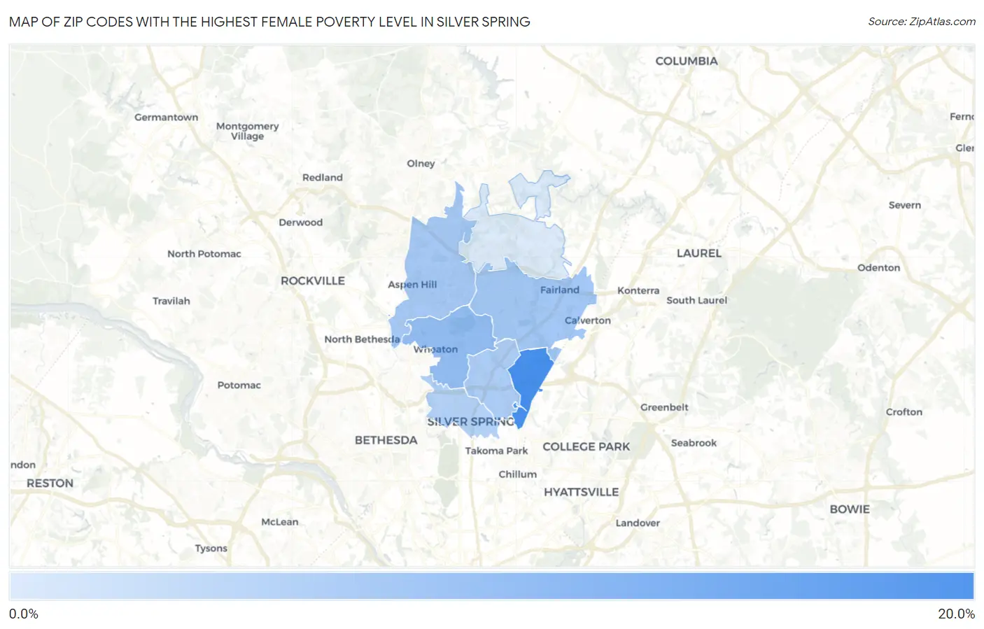 Zip Codes with the Highest Female Poverty Level in Silver Spring Map