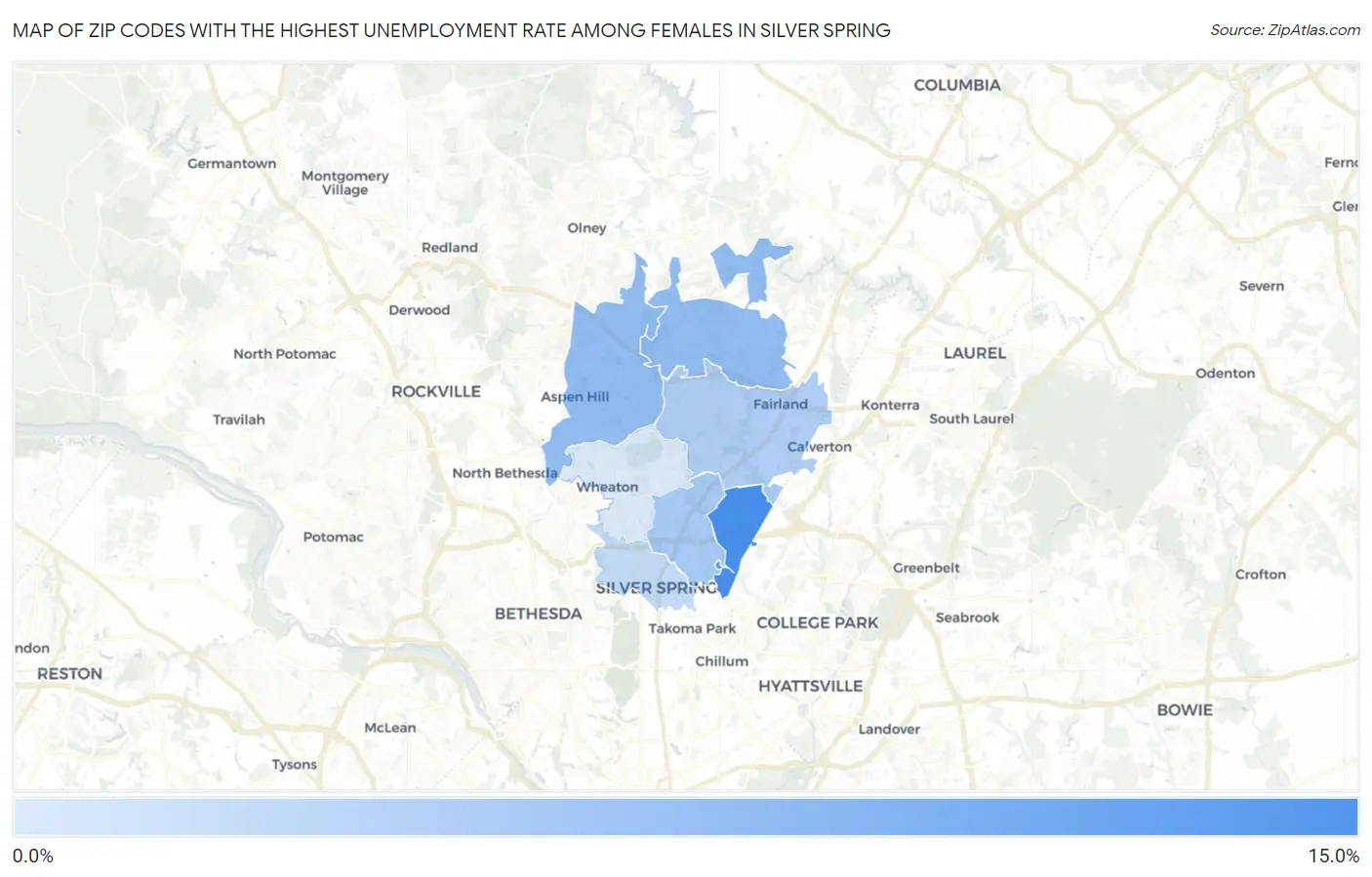 Zip Codes with the Highest Unemployment Rate Among Females in Silver Spring Map
