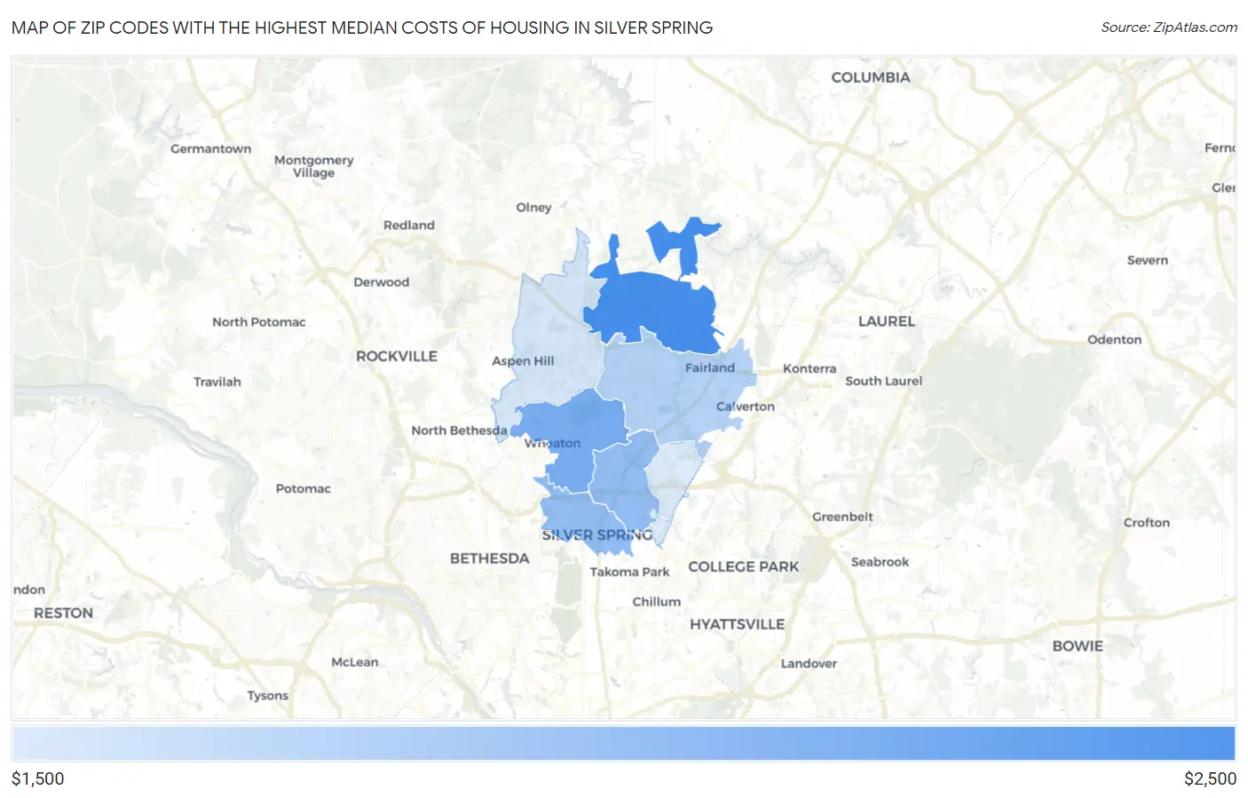 Zip Codes with the Highest Median Costs of Housing in Silver Spring Map