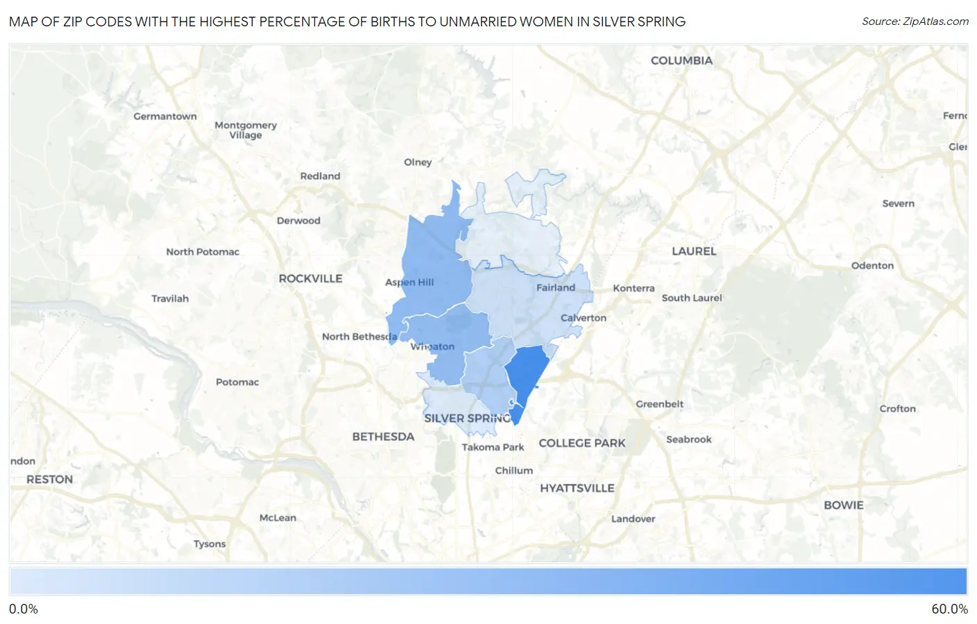 Zip Codes with the Highest Percentage of Births to Unmarried Women in Silver Spring Map