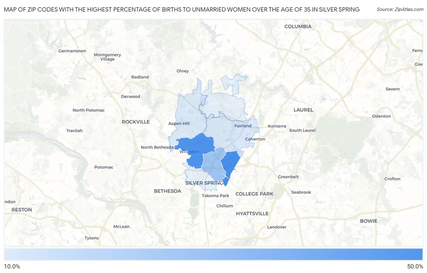 Zip Codes with the Highest Percentage of Births to Unmarried Women over the Age of 35 in Silver Spring Map
