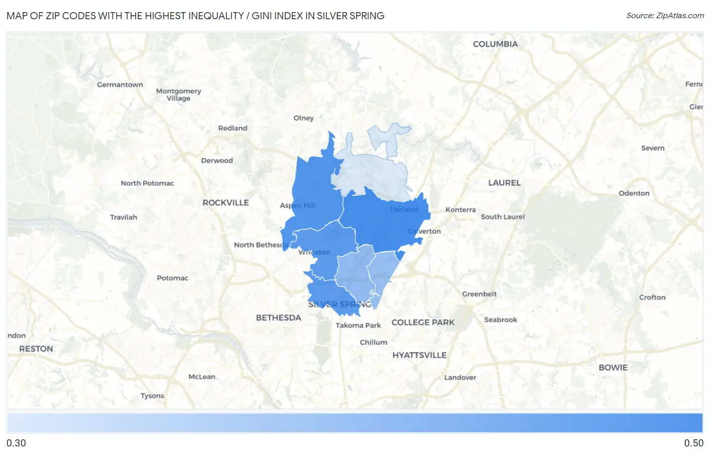 Zip Codes with the Highest Inequality / Gini Index in Silver Spring Map