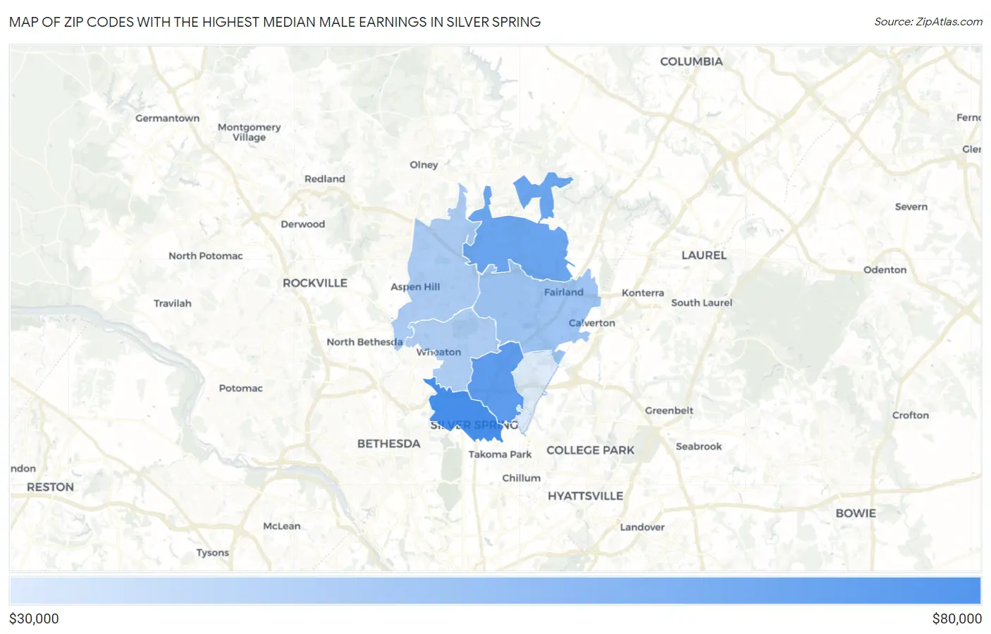 Zip Codes with the Highest Median Male Earnings in Silver Spring Map