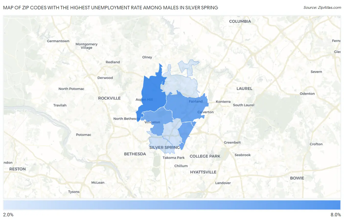 Zip Codes with the Highest Unemployment Rate Among Males in Silver Spring Map