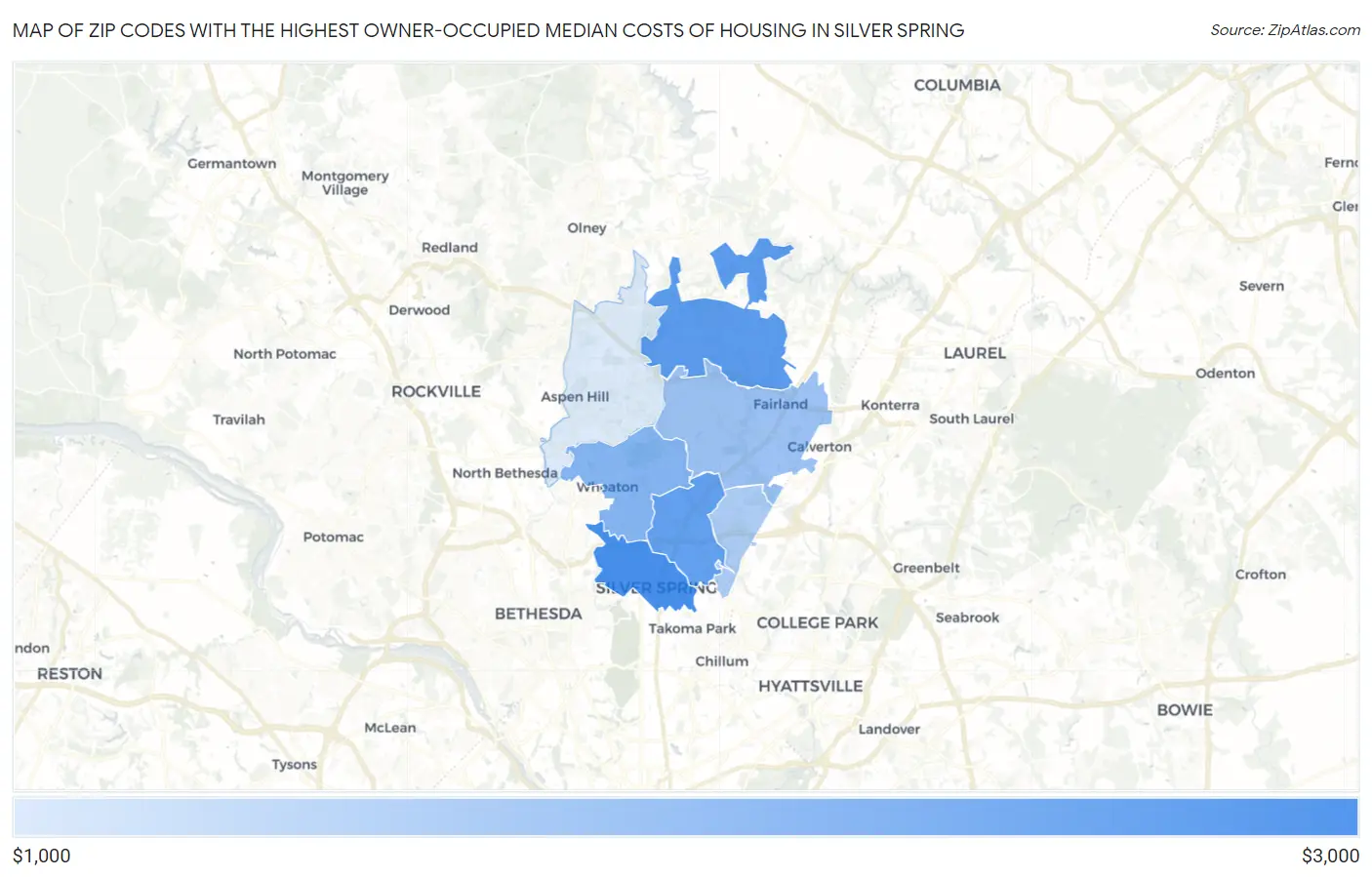 Zip Codes with the Highest Owner-Occupied Median Costs of Housing in Silver Spring Map