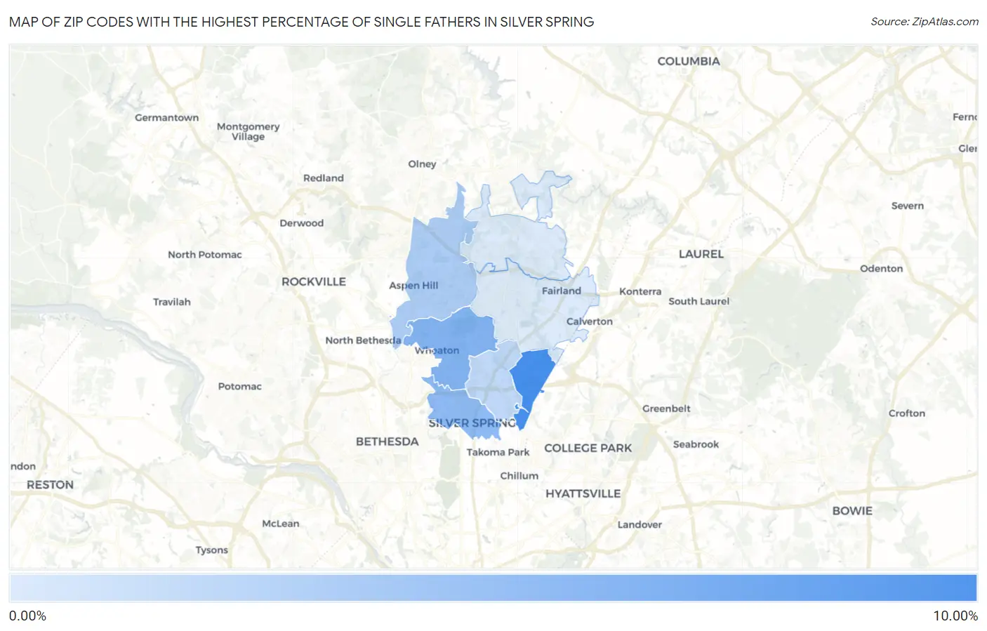 Zip Codes with the Highest Percentage of Single Fathers in Silver Spring Map