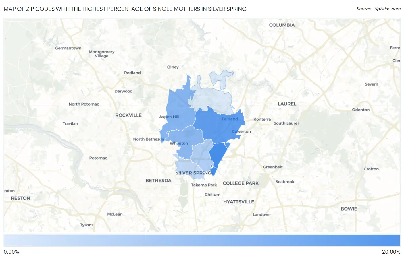 Zip Codes with the Highest Percentage of Single Mothers in Silver Spring Map