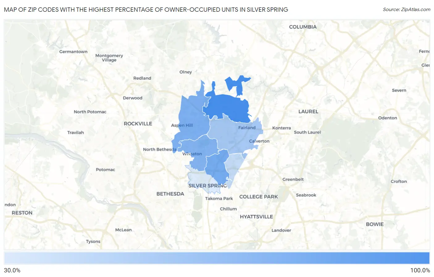 Zip Codes with the Highest Percentage of Owner-Occupied Units in Silver Spring Map