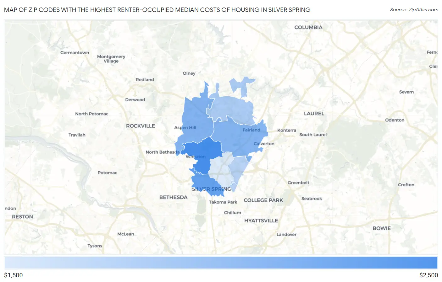 Zip Codes with the Highest Renter-Occupied Median Costs of Housing in Silver Spring Map