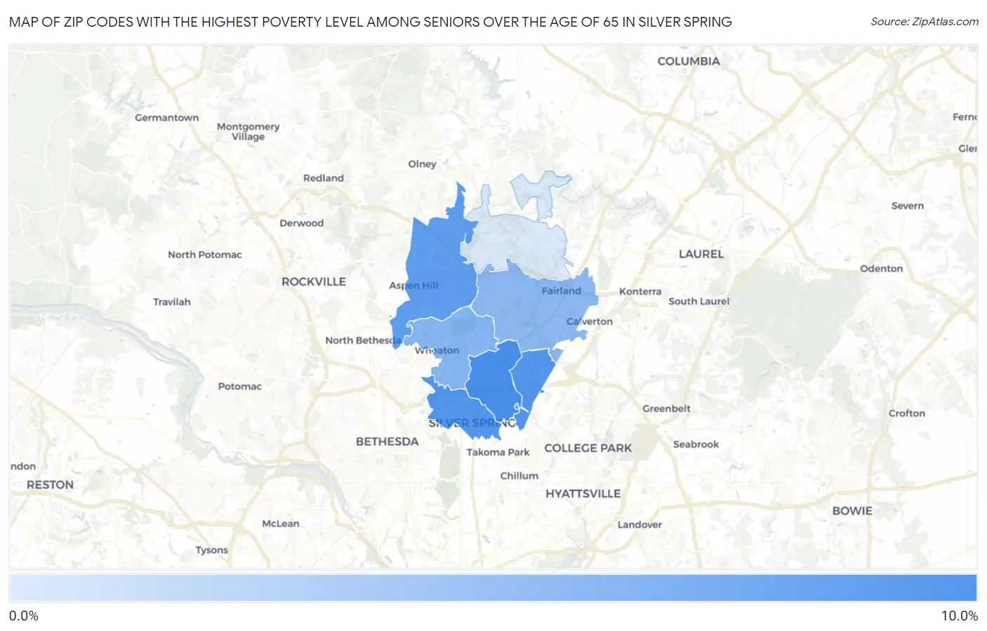 Zip Codes with the Highest Poverty Level Among Seniors Over the Age of 65 in Silver Spring Map