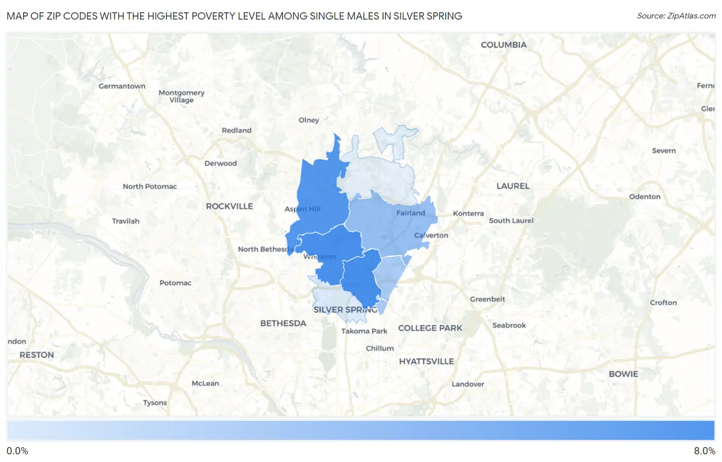 Zip Codes with the Highest Poverty Level Among Single Males in Silver Spring Map
