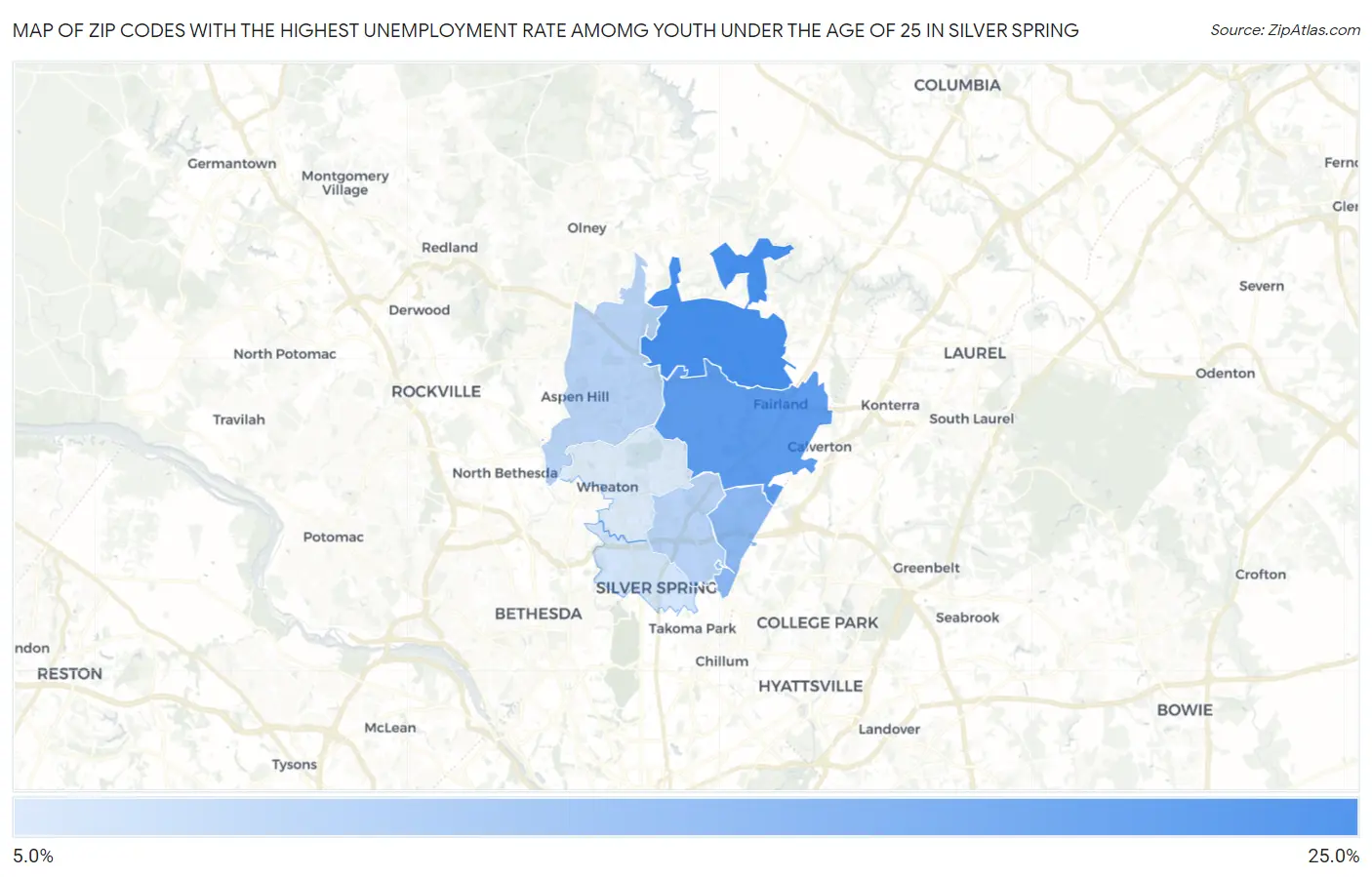 Zip Codes with the Highest Unemployment Rate Amomg Youth Under the Age of 25 in Silver Spring Map