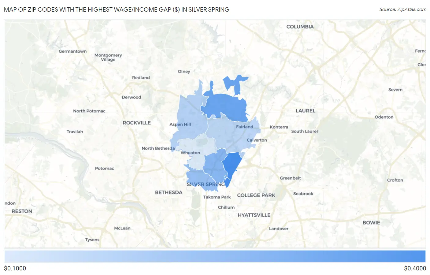 Zip Codes with the Highest Wage/Income Gap ($) in Silver Spring Map