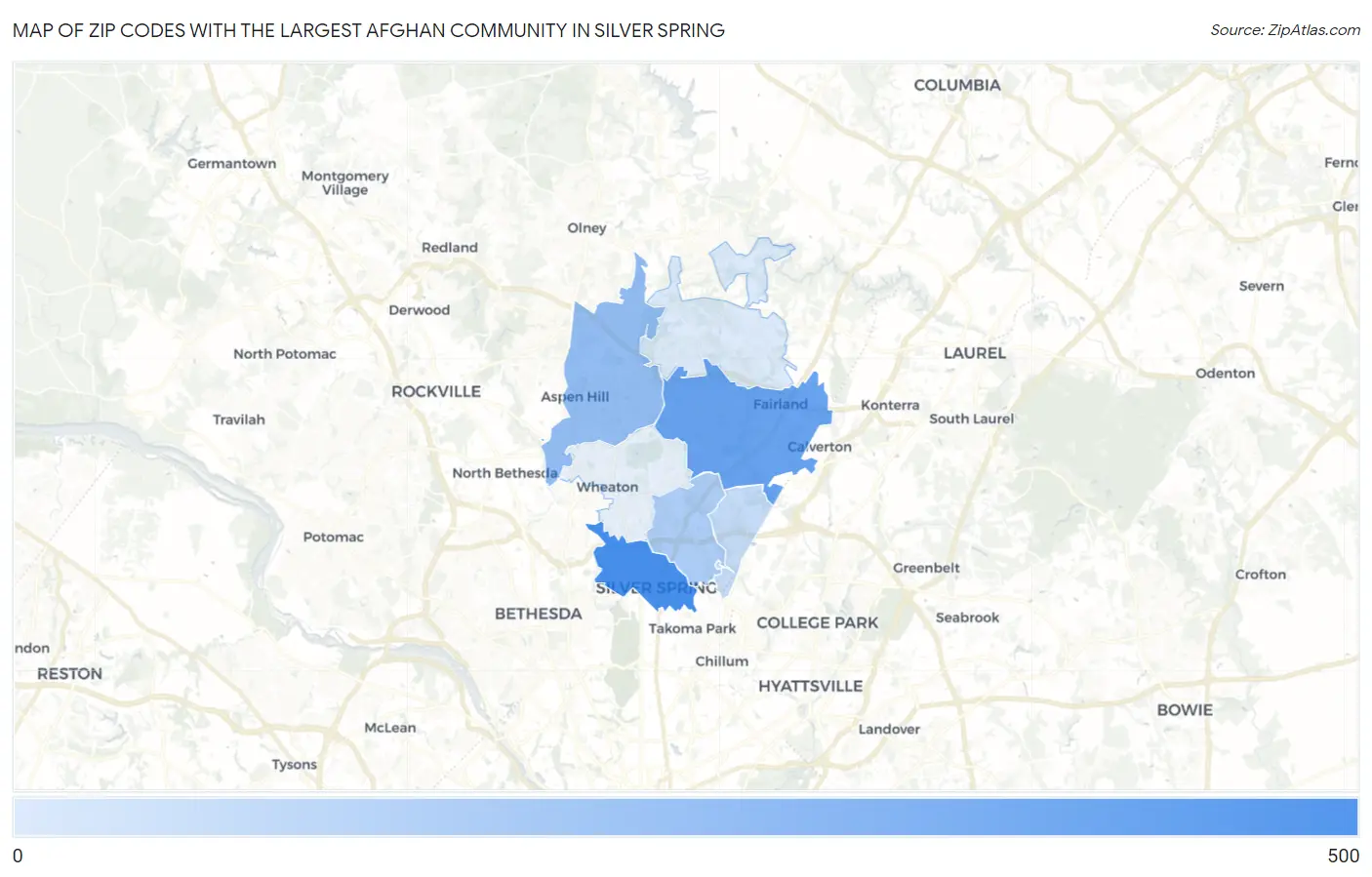 Zip Codes with the Largest Afghan Community in Silver Spring Map
