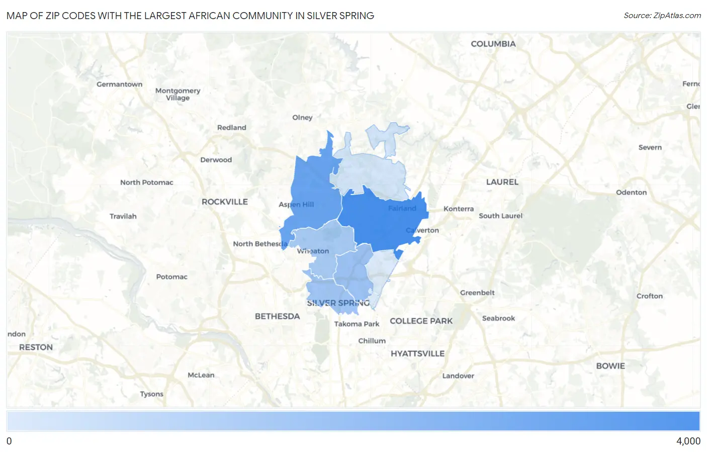 Zip Codes with the Largest African Community in Silver Spring Map