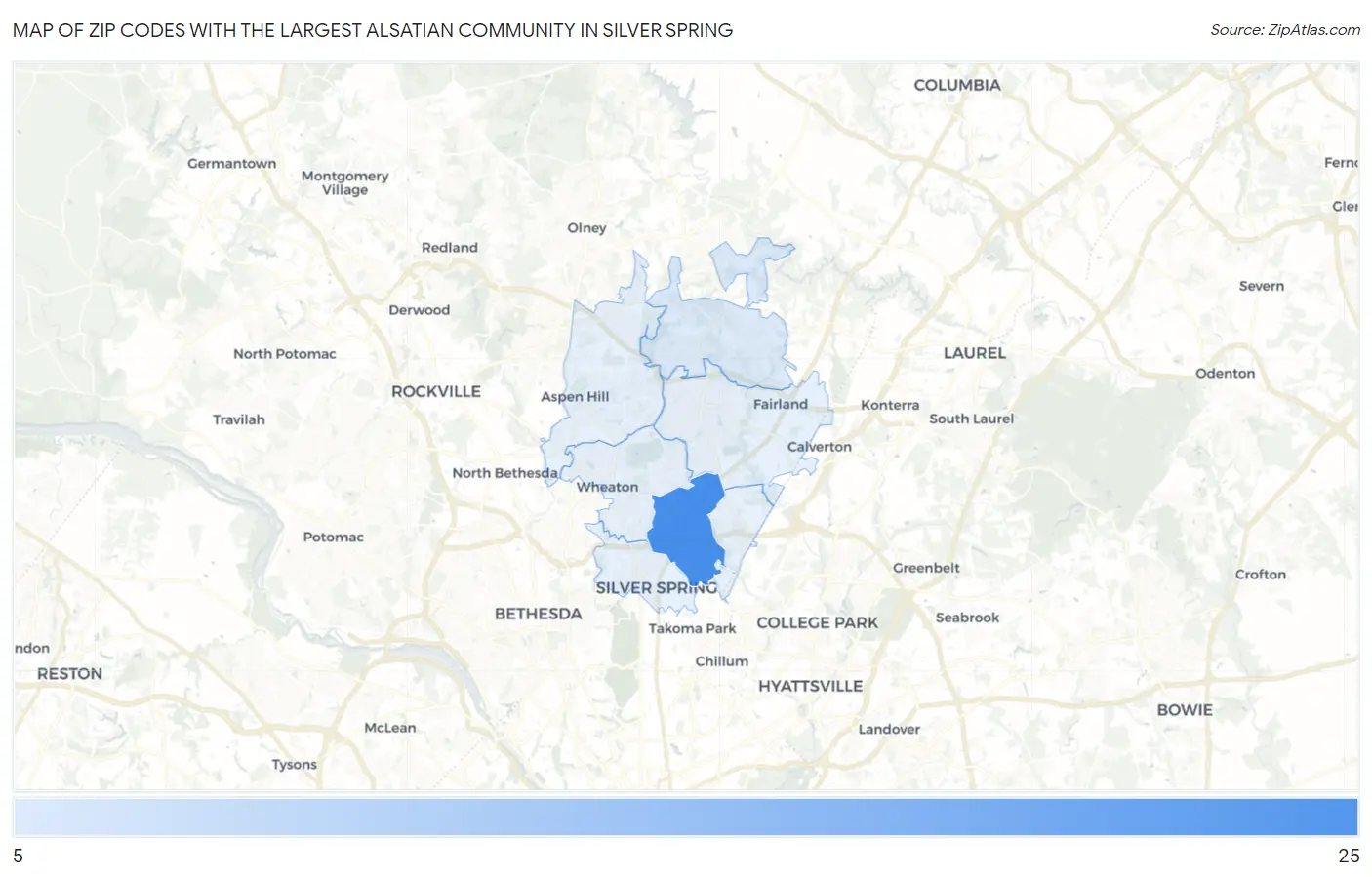Zip Codes with the Largest Alsatian Community in Silver Spring Map