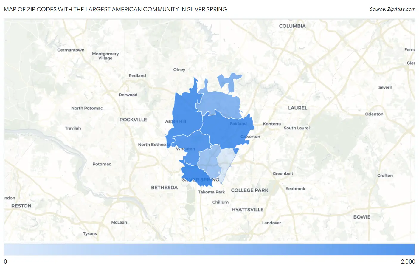 Zip Codes with the Largest American Community in Silver Spring Map