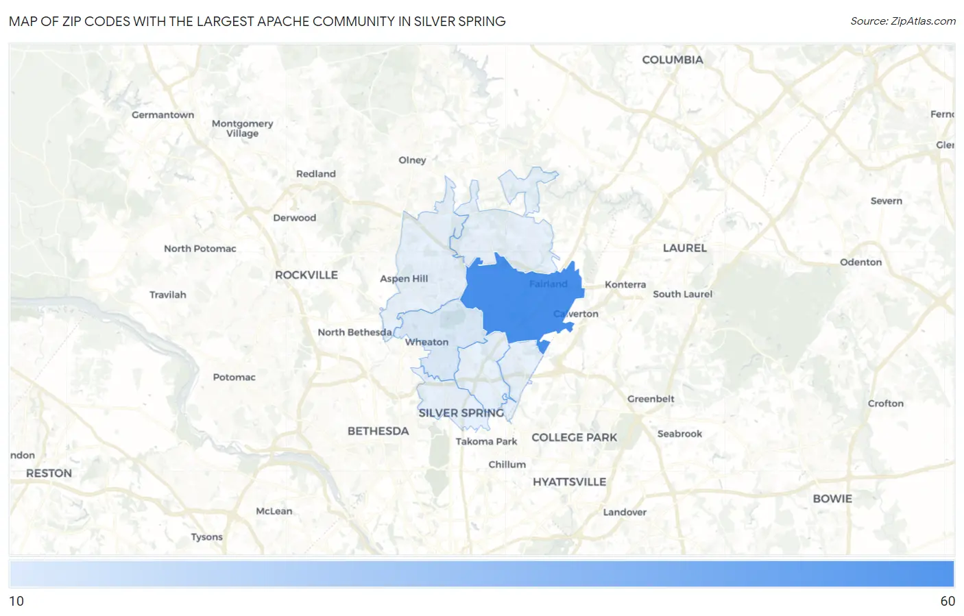 Zip Codes with the Largest Apache Community in Silver Spring Map