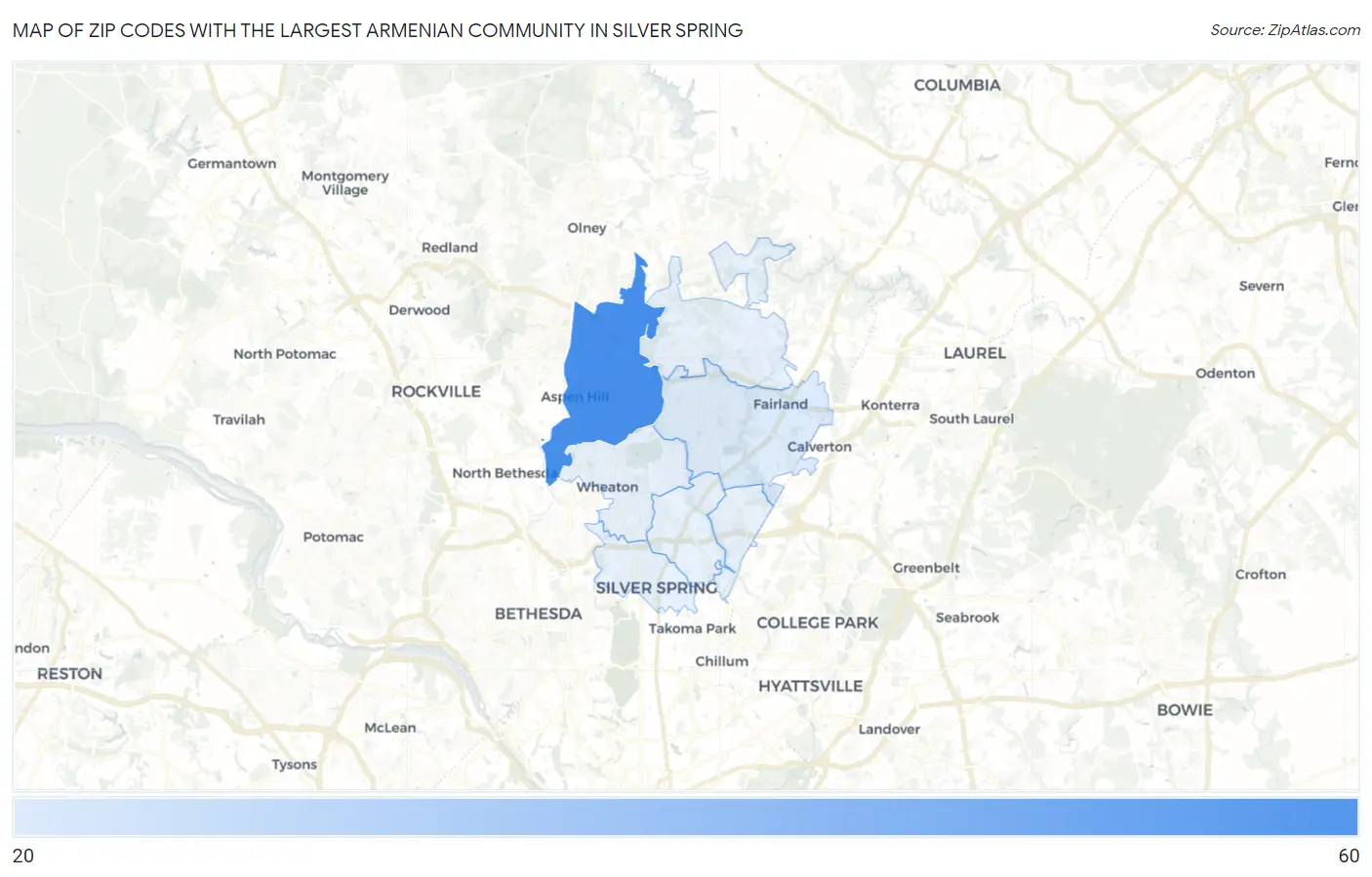 Zip Codes with the Largest Armenian Community in Silver Spring Map