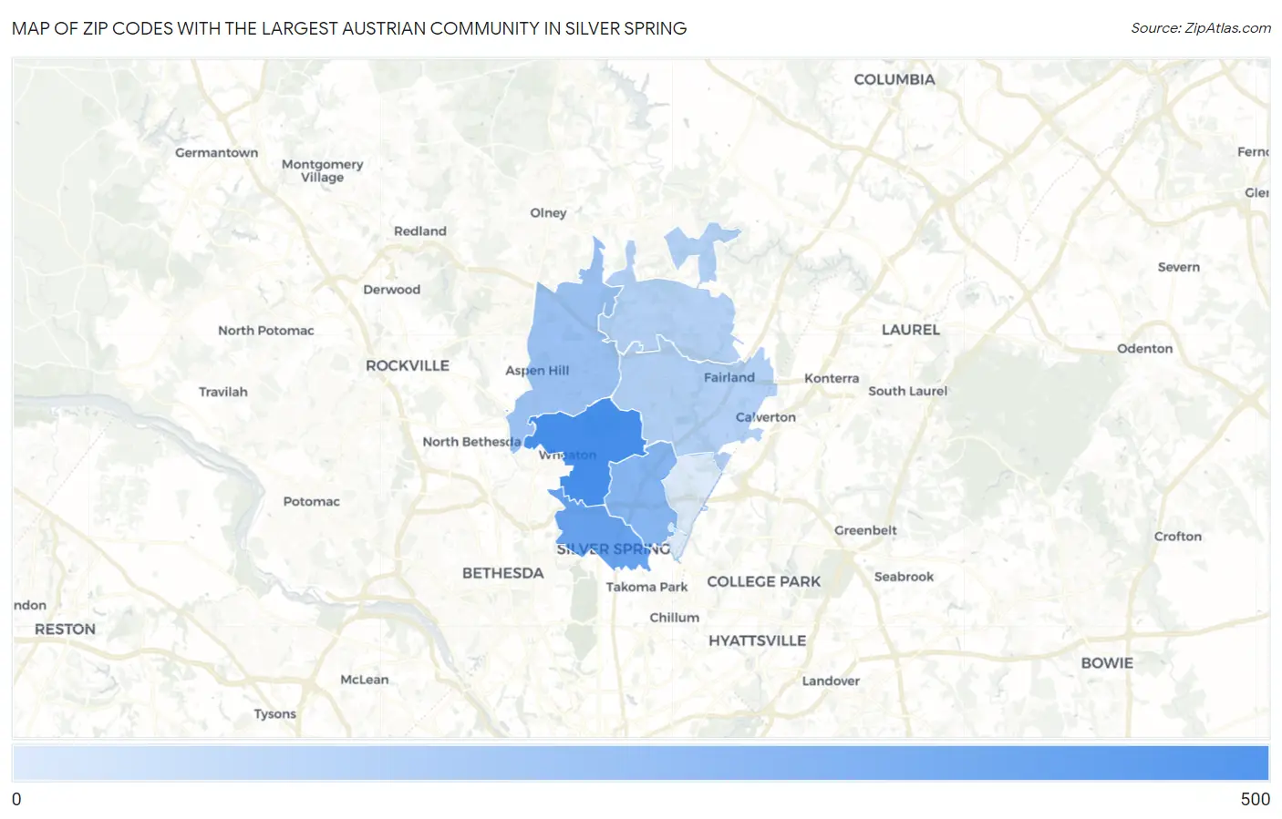 Zip Codes with the Largest Austrian Community in Silver Spring Map