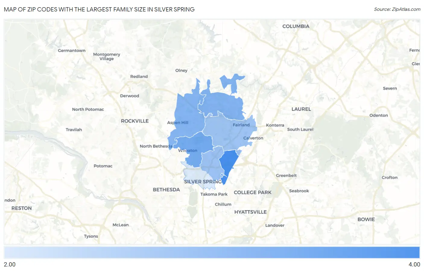 Zip Codes with the Largest Family Size in Silver Spring Map