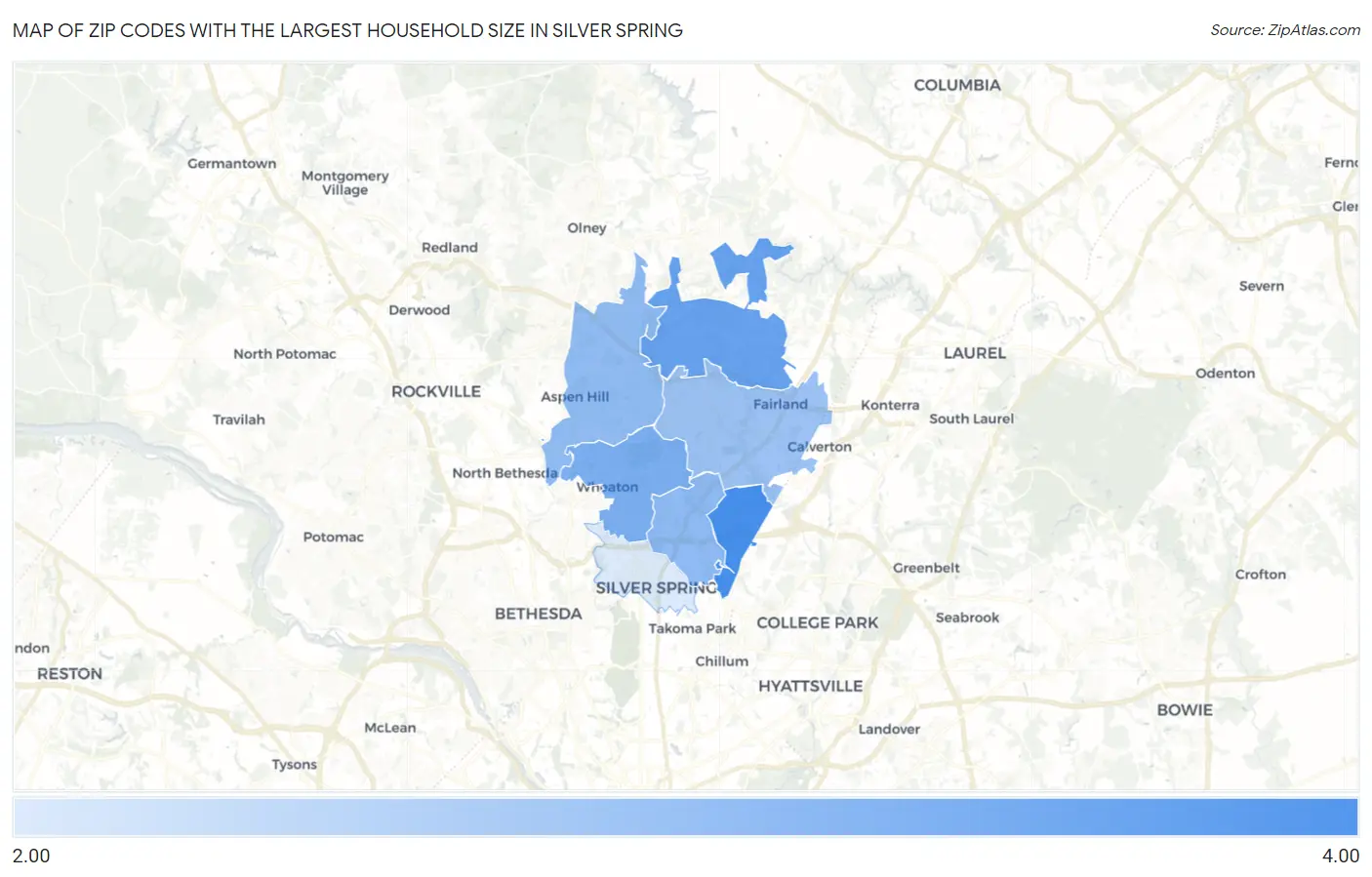 Zip Codes with the Largest Household Size in Silver Spring Map