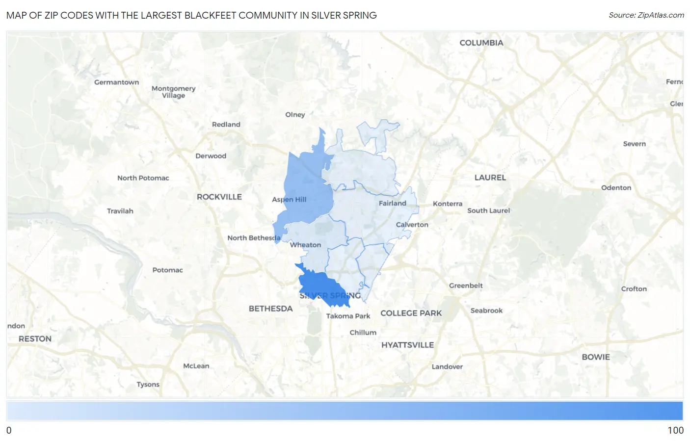 Zip Codes with the Largest Blackfeet Community in Silver Spring Map
