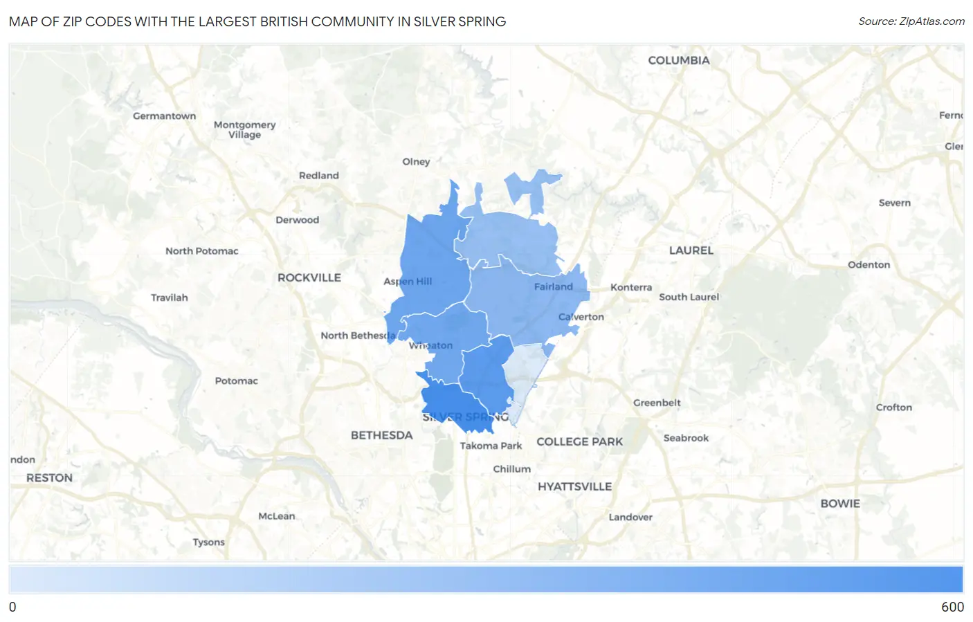 Zip Codes with the Largest British Community in Silver Spring Map