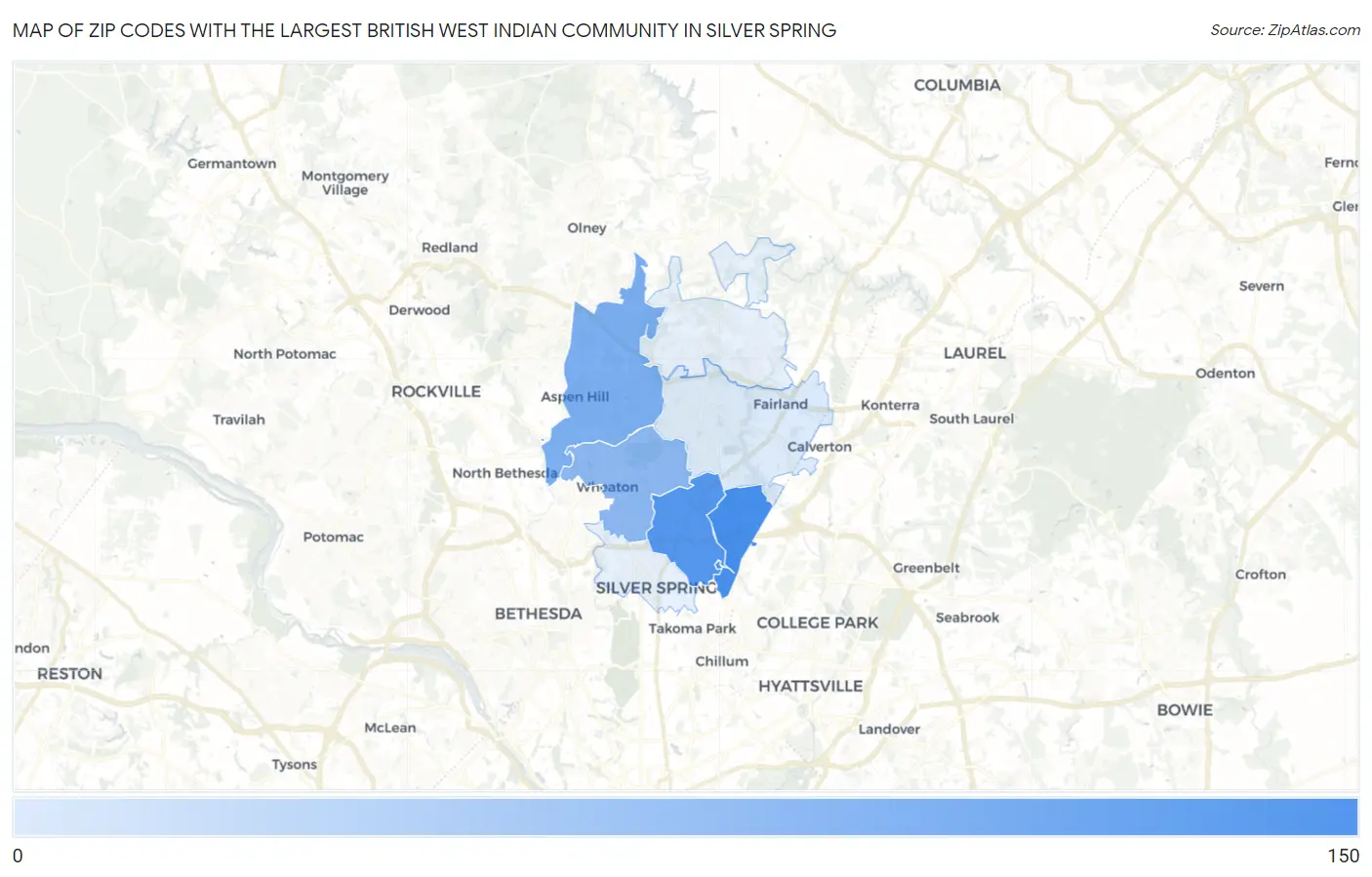 Zip Codes with the Largest British West Indian Community in Silver Spring Map