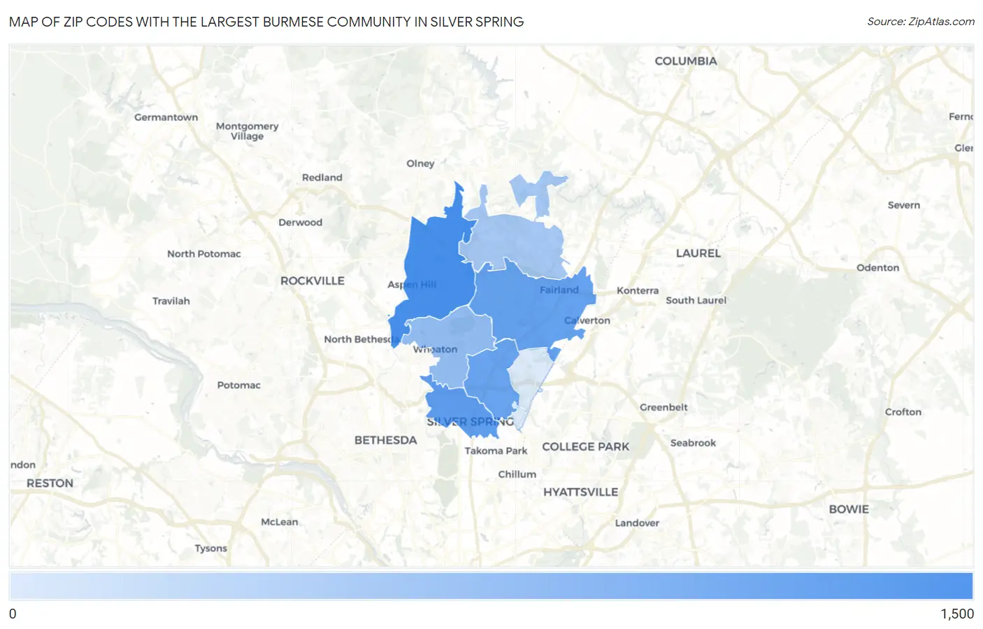 Zip Codes with the Largest Burmese Community in Silver Spring Map