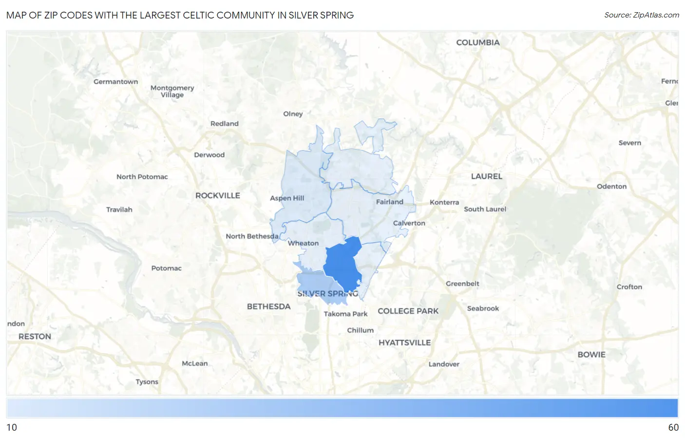 Zip Codes with the Largest Celtic Community in Silver Spring Map