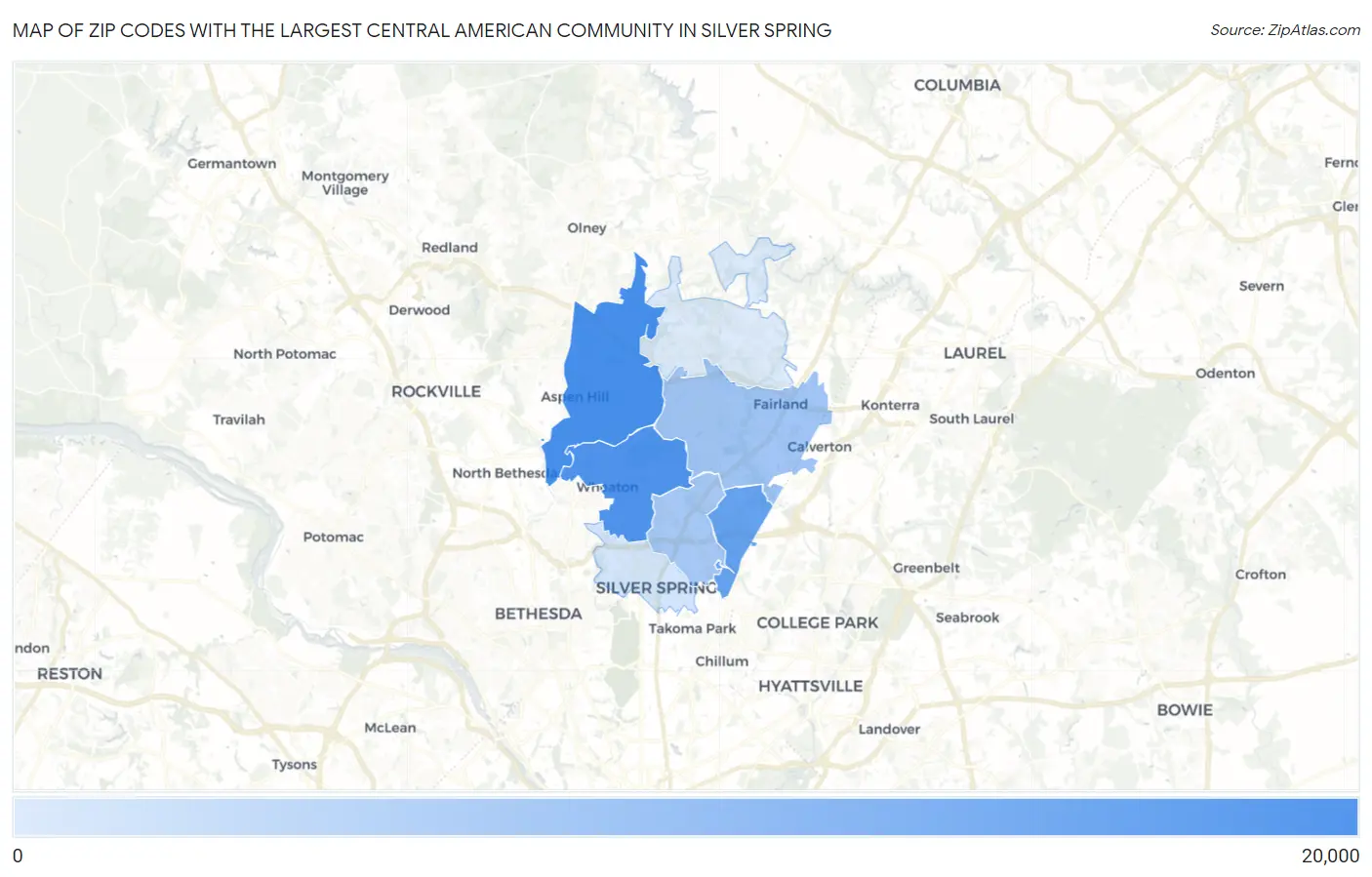 Zip Codes with the Largest Central American Community in Silver Spring Map