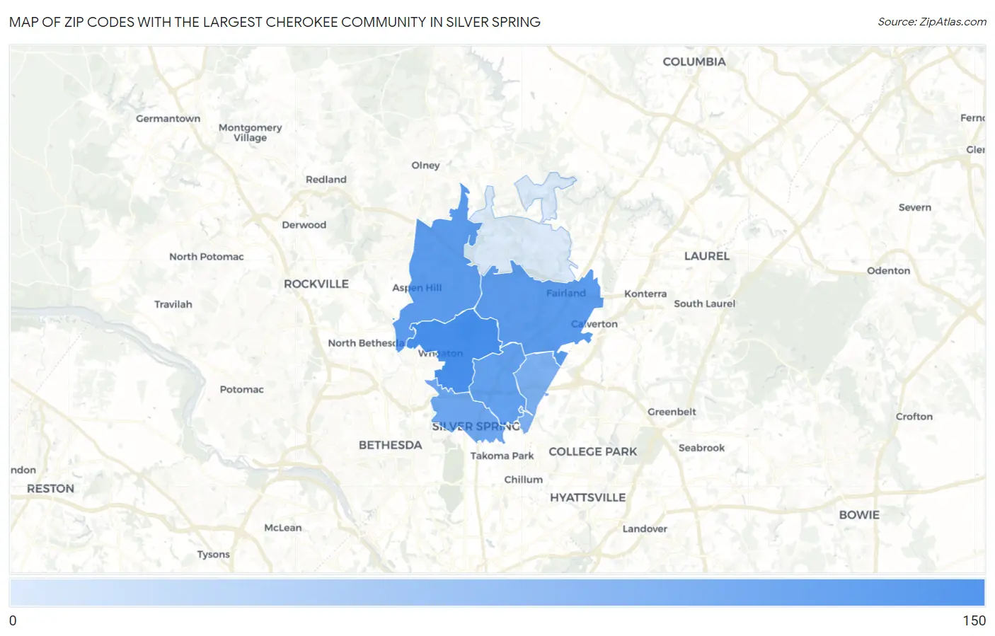 Zip Codes with the Largest Cherokee Community in Silver Spring Map