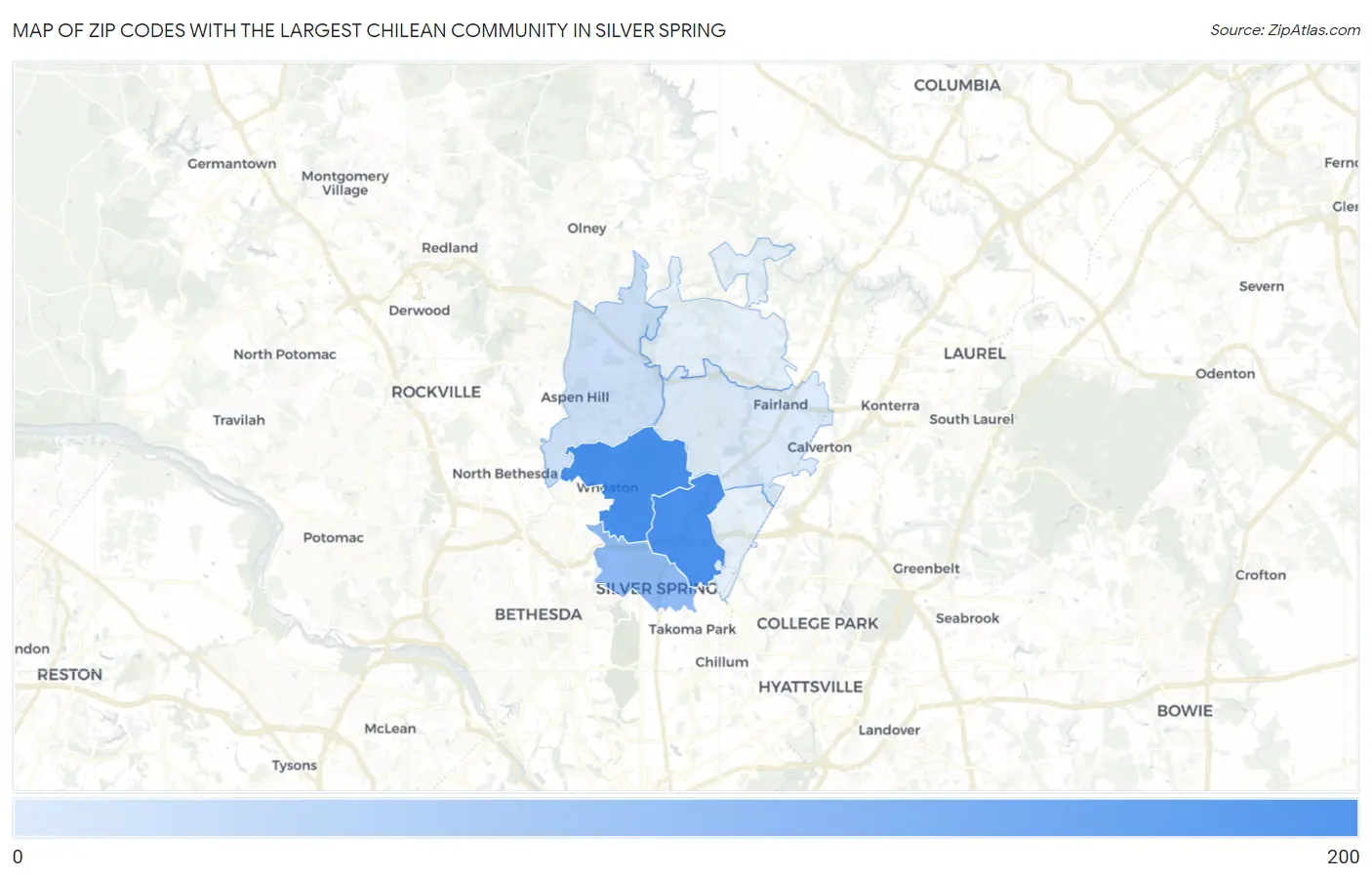Zip Codes with the Largest Chilean Community in Silver Spring Map