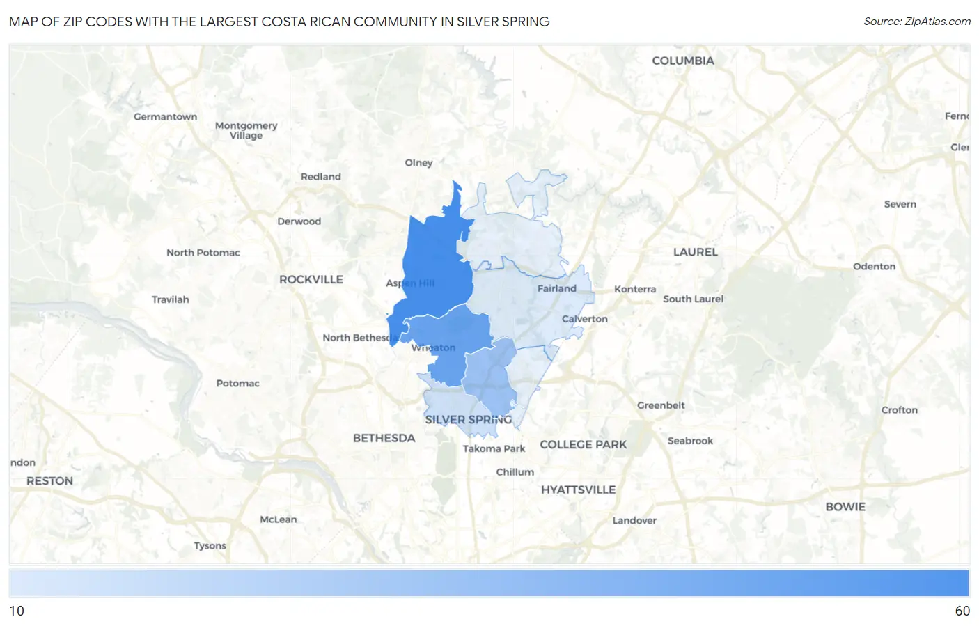 Zip Codes with the Largest Costa Rican Community in Silver Spring Map