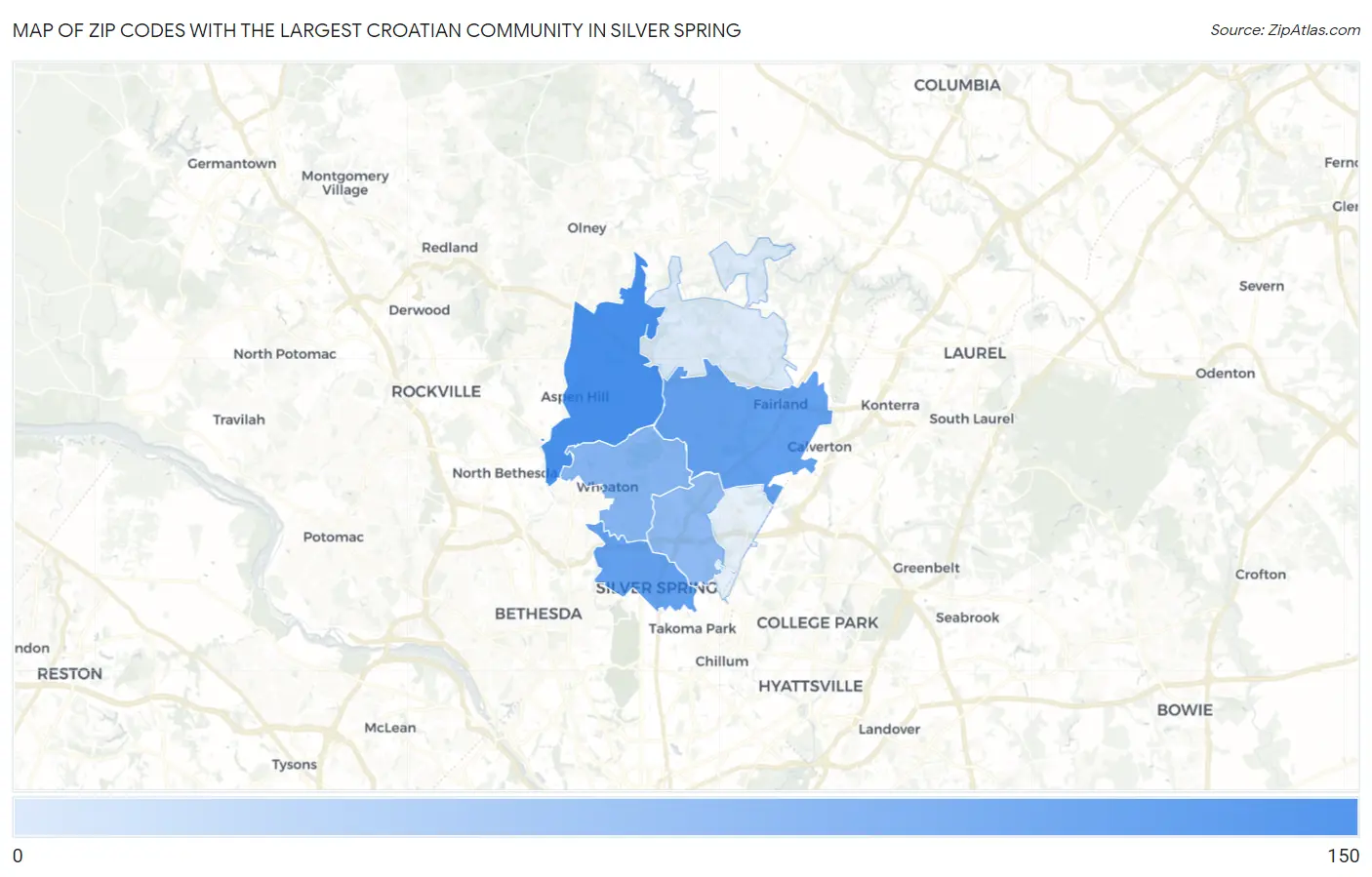 Zip Codes with the Largest Croatian Community in Silver Spring Map