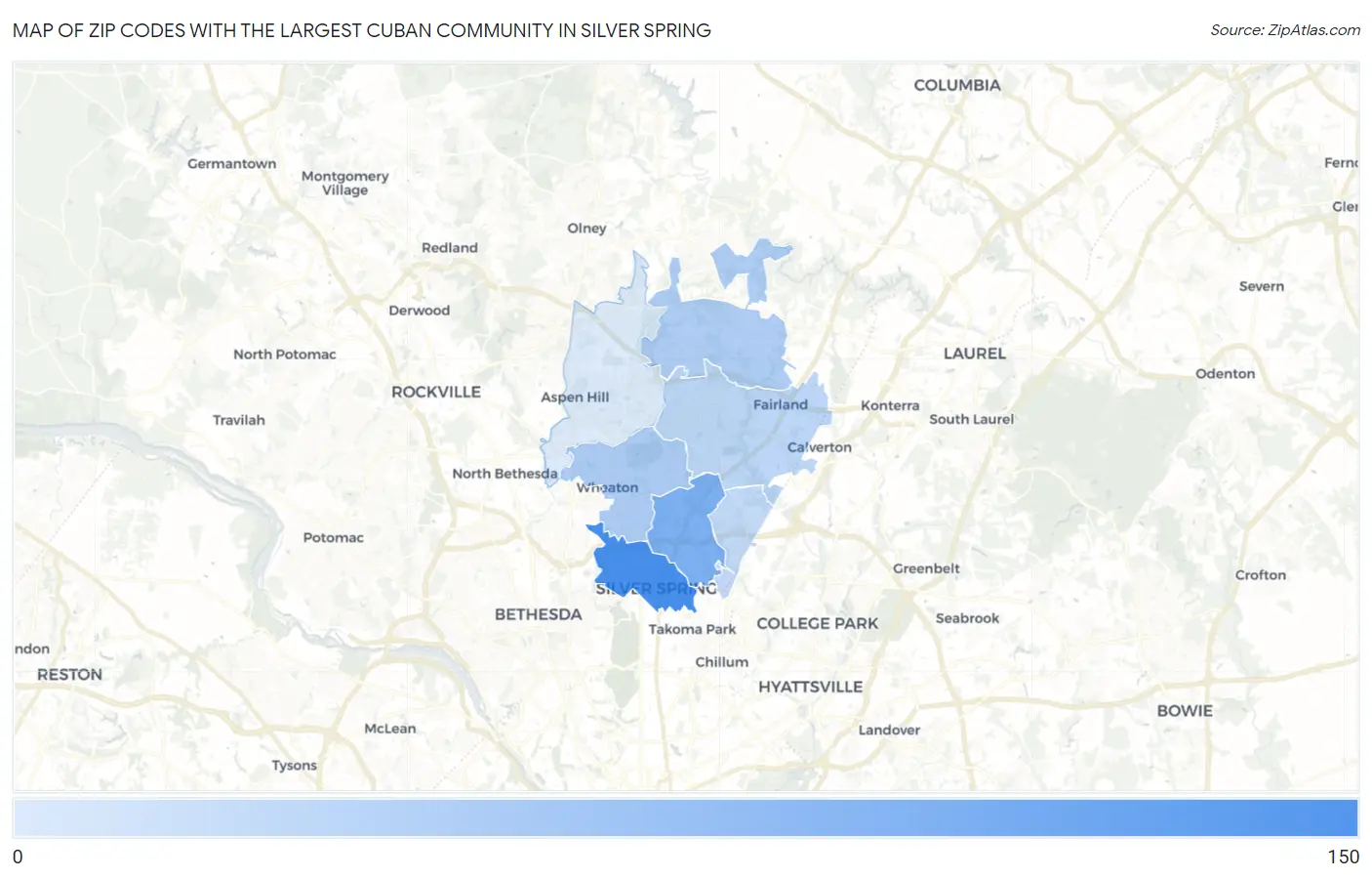 Zip Codes with the Largest Cuban Community in Silver Spring Map