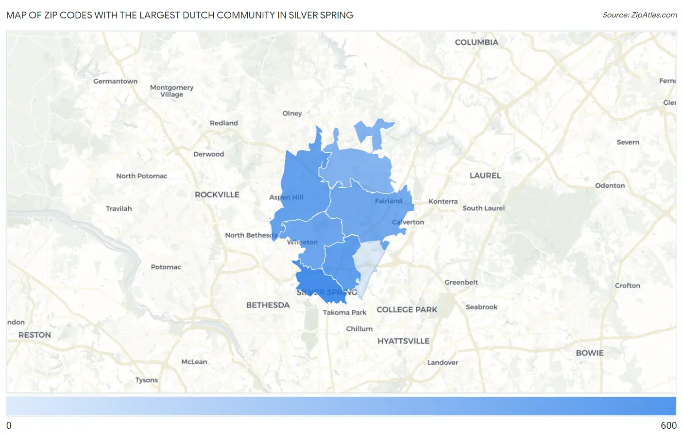 Zip Codes with the Largest Dutch Community in Silver Spring Map