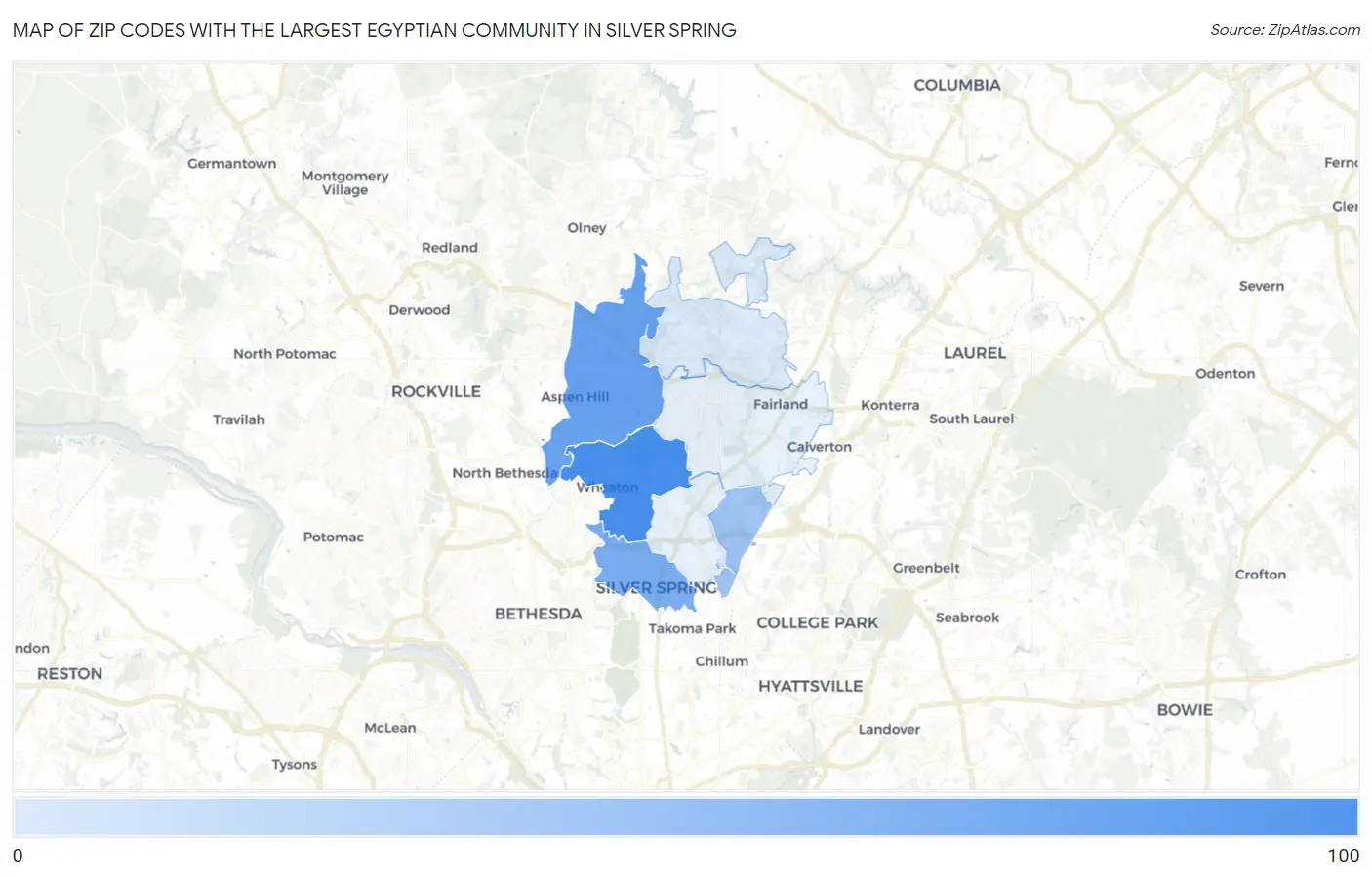 Zip Codes with the Largest Egyptian Community in Silver Spring Map